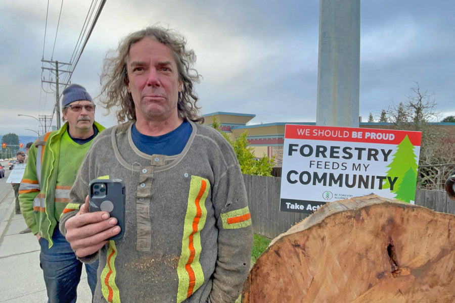 Loggers block Highway 4 in front of MLA’s office to protest gov’t deferral on old-growth logging