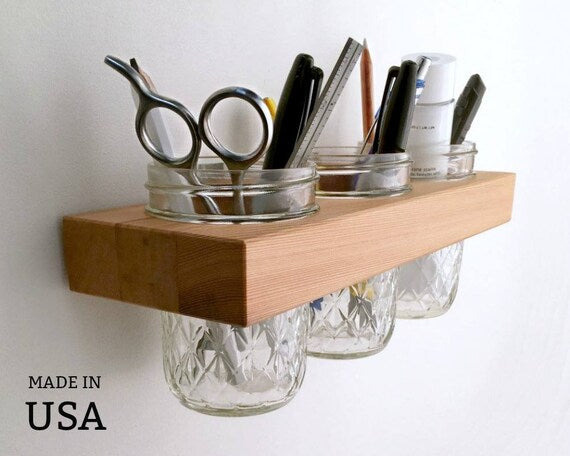 Mason Jar Organizer, Wall Caddy Minimalist Wood Wall Mount, Made in USA by andrewsreclaimed