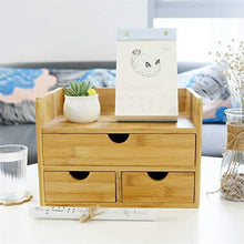 Load image into Gallery viewer, Storage 100 natural bamboo wood shelf organizer for desk with drawers mini desk storage for office supplies toiletries crafts etc great for desk vanity tabletop in home or office