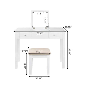 Amazon best aodailihb vanity table with flip top mirror makeup dressing table writing desk with cushioning makeup stool set 2 drawers 3 removable organizers easy assembly white