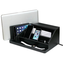 Load image into Gallery viewer, Shop for g u s all in one charging station valet and desktop organizer multiple finishes available for laptops tablets phone and wearable technology black leatherette