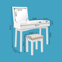 Load image into Gallery viewer, Related 39 17inch vanity dressing table set with flip top mirror makeup table writing desk 2 drawers 1 large storage space with drop organizers cushioned stool easy assembly white