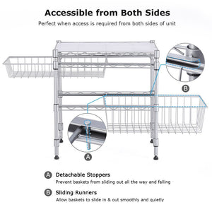 Exclusive rackaphile stackable 2 tier sliding basket organizer drawer under sink cabinet with adjustable leveling feet rack shelf for bathroom kitchen closet office desktop silver