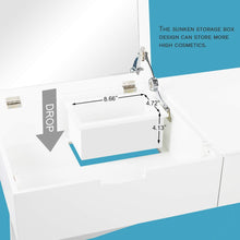 Load image into Gallery viewer, Results 39 17inch vanity dressing table set with flip top mirror makeup table writing desk 2 drawers 1 large storage space with drop organizers cushioned stool easy assembly white