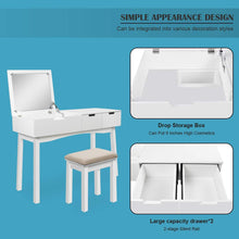 Load image into Gallery viewer, Save 39 17inch vanity dressing table set with flip top mirror makeup table writing desk 2 drawers 1 large storage space with drop organizers cushioned stool easy assembly white