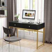 Load image into Gallery viewer, Top rated tribesigns computer desk modern simple home office gold desk study table writing desk workstation with 2 storage drawers makeup vanity console table 47 inch black