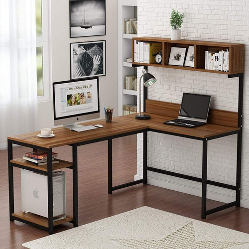 Discover tribesigns l shaped desk with hutch 68 corner computer desk gaming table workstation with storage bookshelf for home office dark walnut