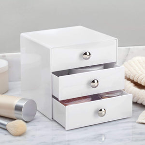 Organize with idesign plastic 3 jewelry box compact storage organization drawers set for cosmetics makeup hair care bathroom office dorm desk countertop 6 5 x 6 5 x 6 5 set of 4 white