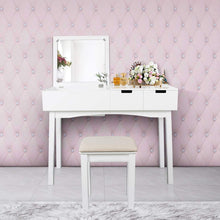 Load image into Gallery viewer, Shop vanity set with dressing table flip top mirror organizer cushioned stool makeup wooden writing desk 2 drawers easy assembly beauty station bathroom white