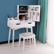 Load image into Gallery viewer, Top rated bewishome vanity set with mirror jewelry cabinet jewelry armoire makeup organizer cushioned stool 2 sliding drawers white makeup vanity desk dressing table fst04w
