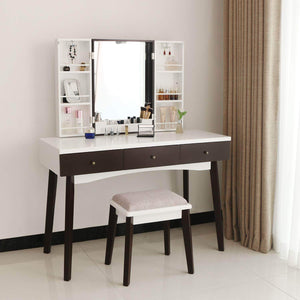 Top bewishome vanity set with mirror cushioned stool storage shelves makeup organizer 3 drawers white makeup vanity desk dressing table fst05w