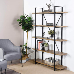 Framodo 5-Shelf Open Vintage Industrial Bookshelf, Rustic Wood and Metal 5-Tier Bookcase for Home Office Organizer and Display Shelves