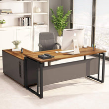 Load image into Gallery viewer, Try little tree l shaped computer desk 55 executive desk business furniture with 39 file cabinet storage mobile printer filing stand for office dark walnut