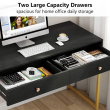Load image into Gallery viewer, Storage tribesigns computer desk modern simple home office gold desk study table writing desk workstation with 2 storage drawers makeup vanity console table 47 inch black