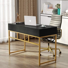Load image into Gallery viewer, Top tribesigns computer desk modern simple home office gold desk study table writing desk workstation with 2 storage drawers makeup vanity console table 47 inch black