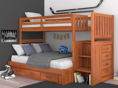 Try discovery world furniture mission twin over full staircase bunk bed with 3 drawers desk hutch chair and 5 drawer chest in honey finish
