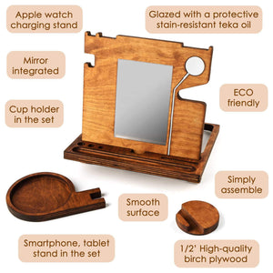 Heavy duty rostmary wooden docking station smart watch stand phone holder nightstand desk organizer for smartphone watch and wallet holder for him for men for dad husband gift set 3 in 1