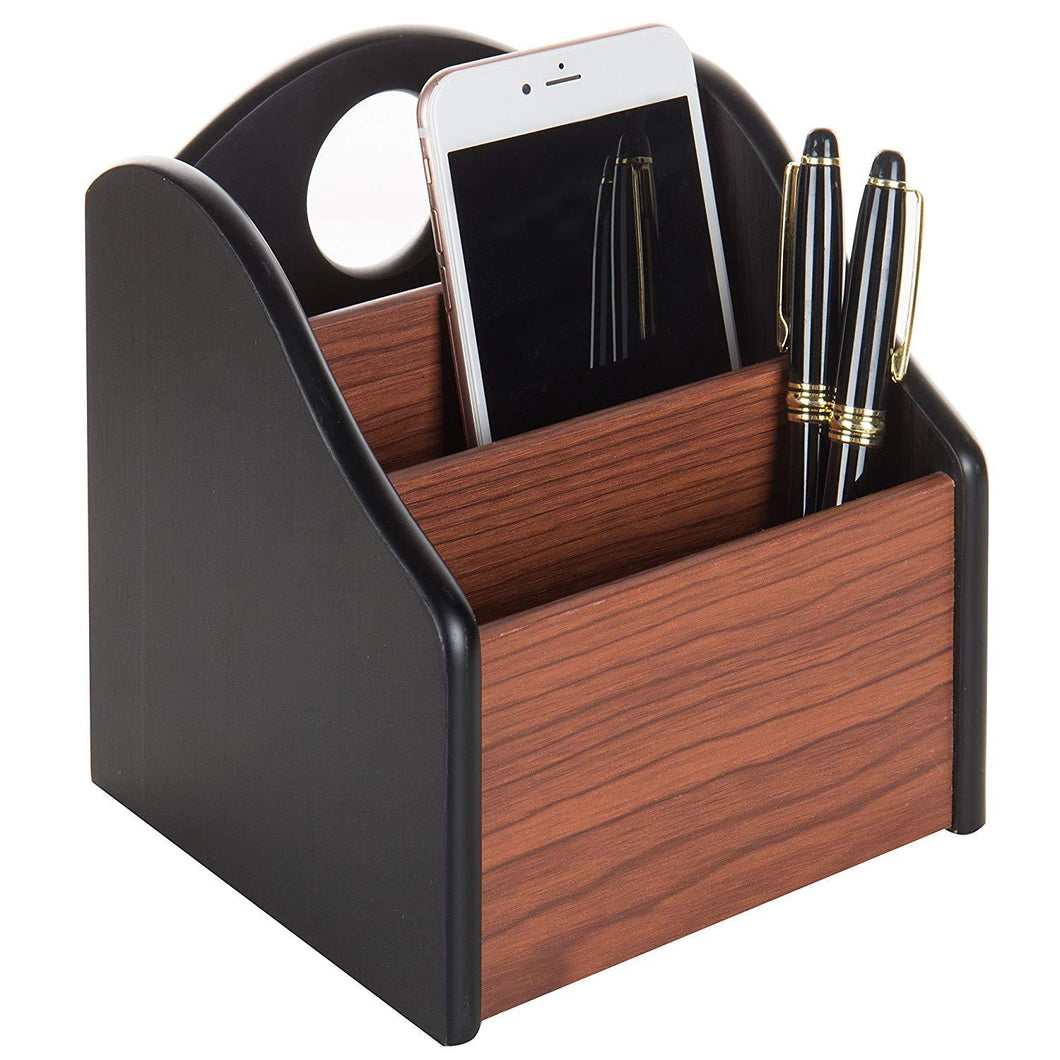 3-Compartment Luxury Wood Remote Control Caddy, Desktop Office Supplies Organizer, Black & Brown