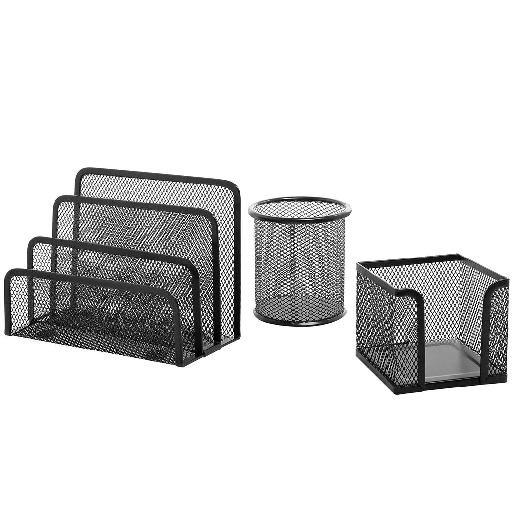 3 Piece Black Metal Wire Mesh Office Desktop Organizer w/Memo Holder, Pencil Cup & Mail Sorter - MyGift (FBA_TB-OFC0107BLK)