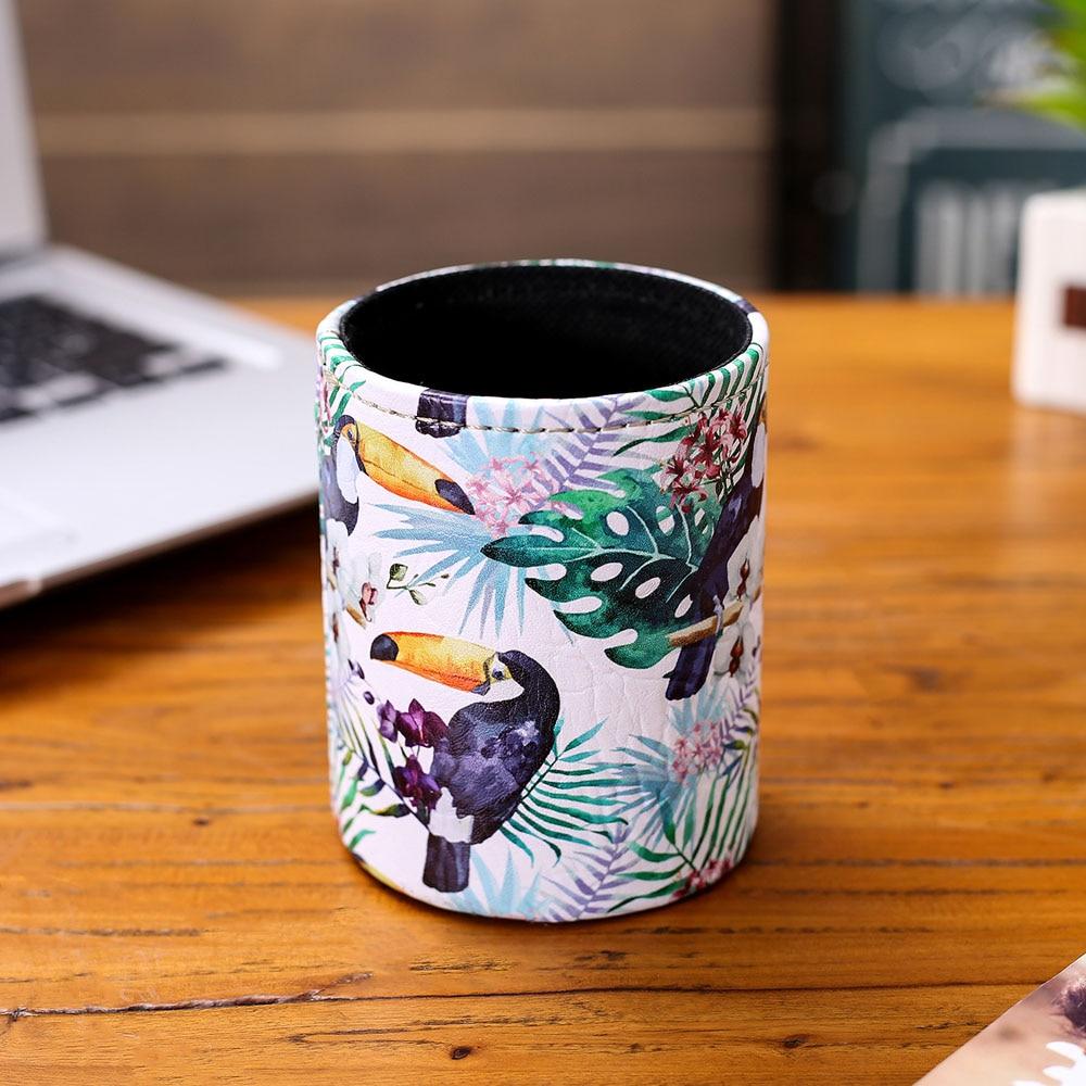 LINKWELL Modern Design Toucan Tropical Leaf Plant Pattern PU leather Pencil Cup Pen Holder Desk Organizer Storage Box Case